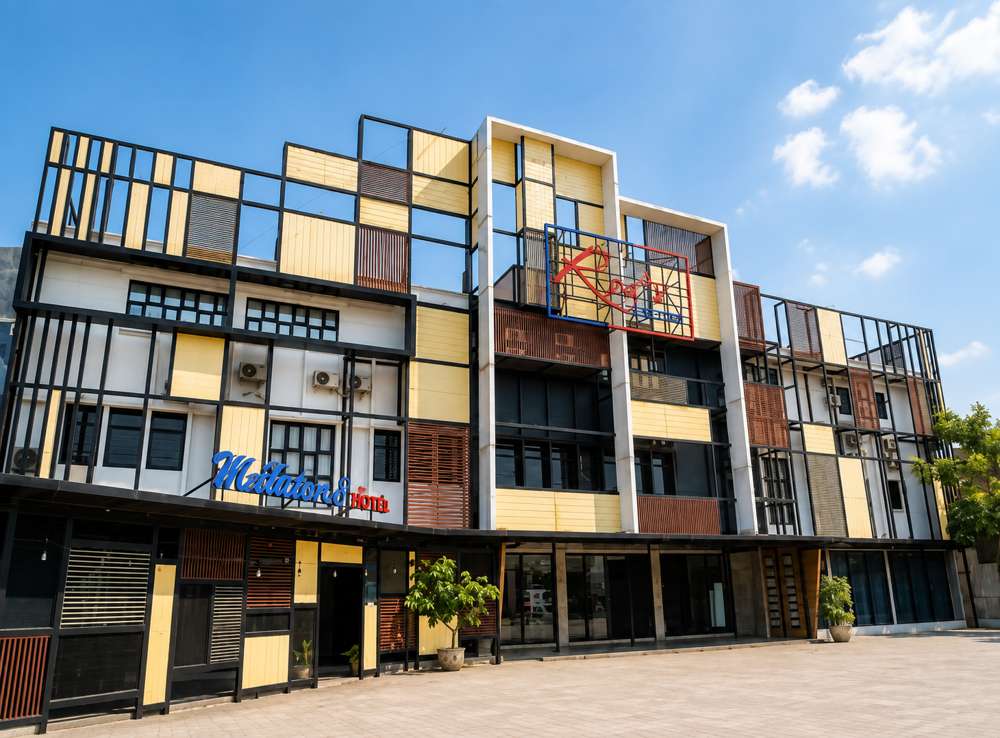 Pintu masuk hotel tanpa undakan di bawah papan nama Rid's Hotel yang menyala di fasad bangunan